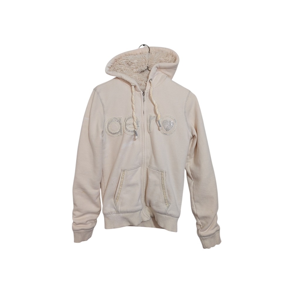 Y2K Aeropostale Faux Fur Women's Cream Hoodie Rhinestone Bling Babygirl Medium